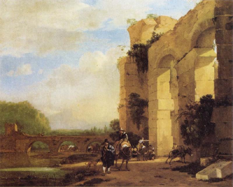 Jan Asselijn Italian Landscape with the Ruins of a Roman Bridge and Aqueduct oil painting picture